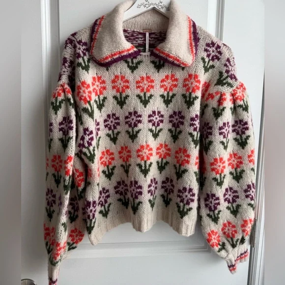 NWT Free People Frills Sweater Cottagecore Bohemian Floral Boho Collar Medium - Picture 2 of 9